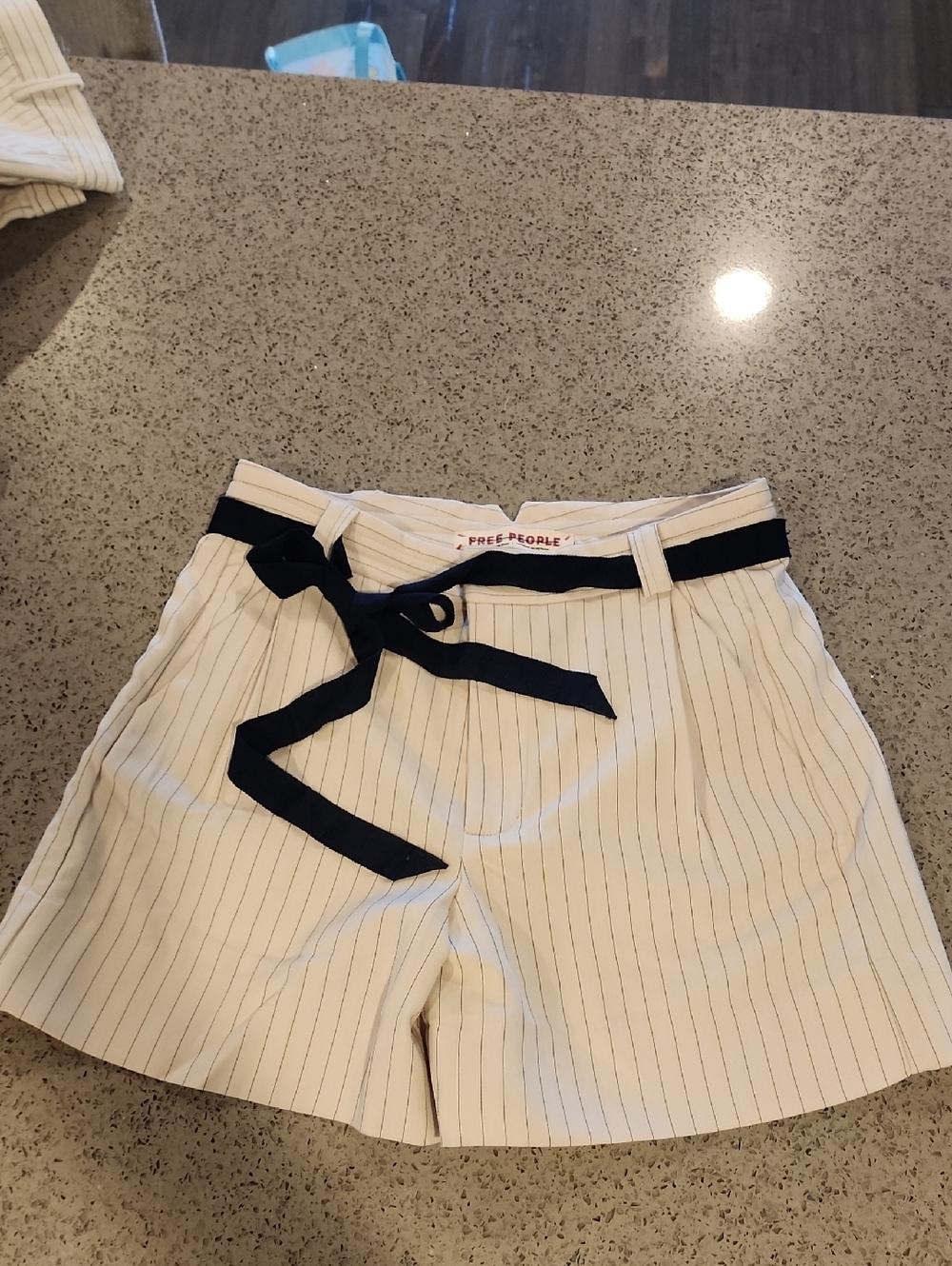 Free People Cream Pinstripe Shorts with Navy Belt